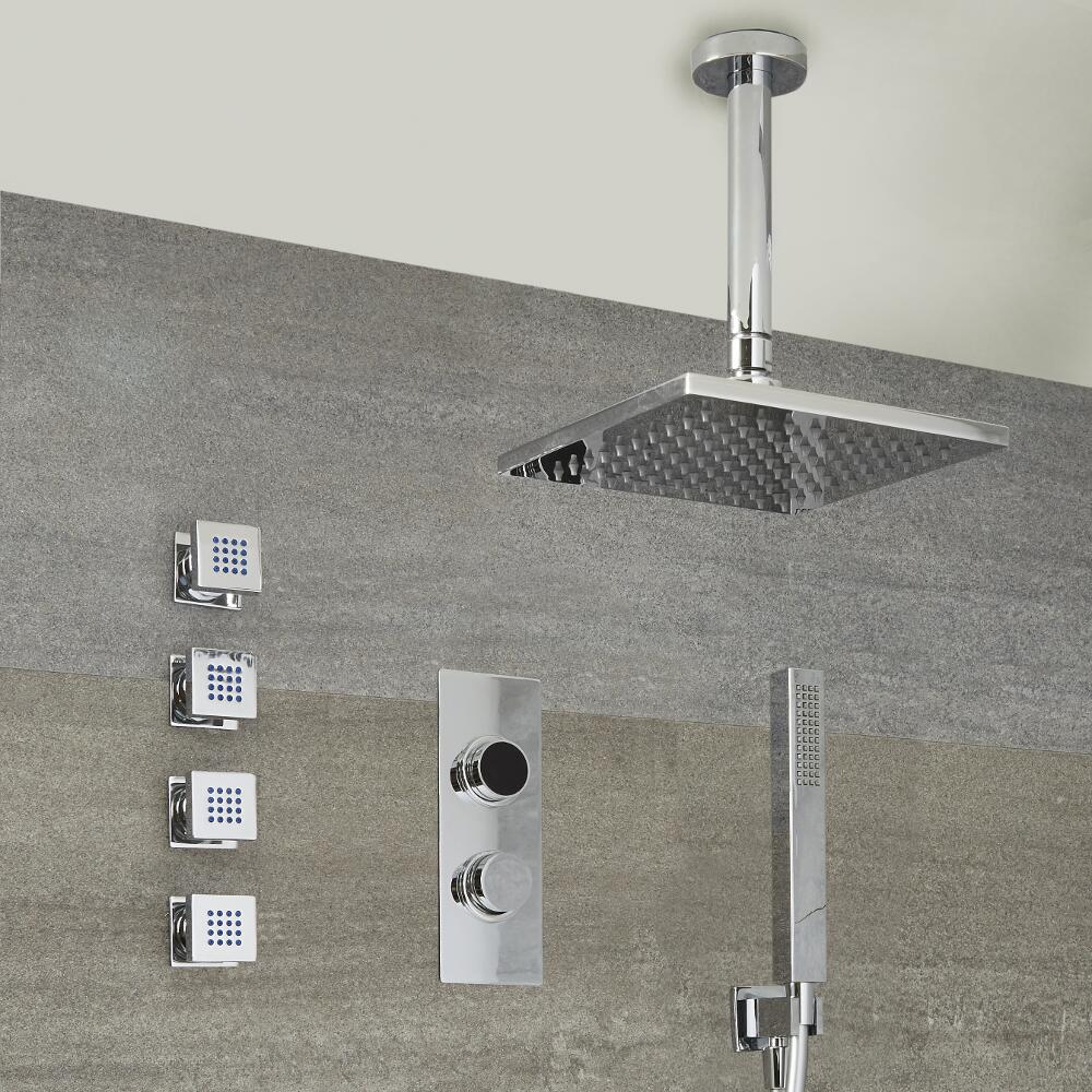 Doccia Digitale con Sistema di Controllo a 3 Vie con Soffione Doccia Quadrato 400mm, Braccio Doccia a Soffitto, 4 Idrogetti e Doccetta - Narus