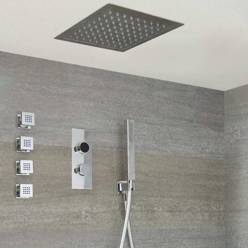 Doccia Digitale con Sistema di Controllo a 3 Vie con Soffione Doccia Quadrato da Incasso 280x280mm, 4 Idrogetti e Doccetta - Narus