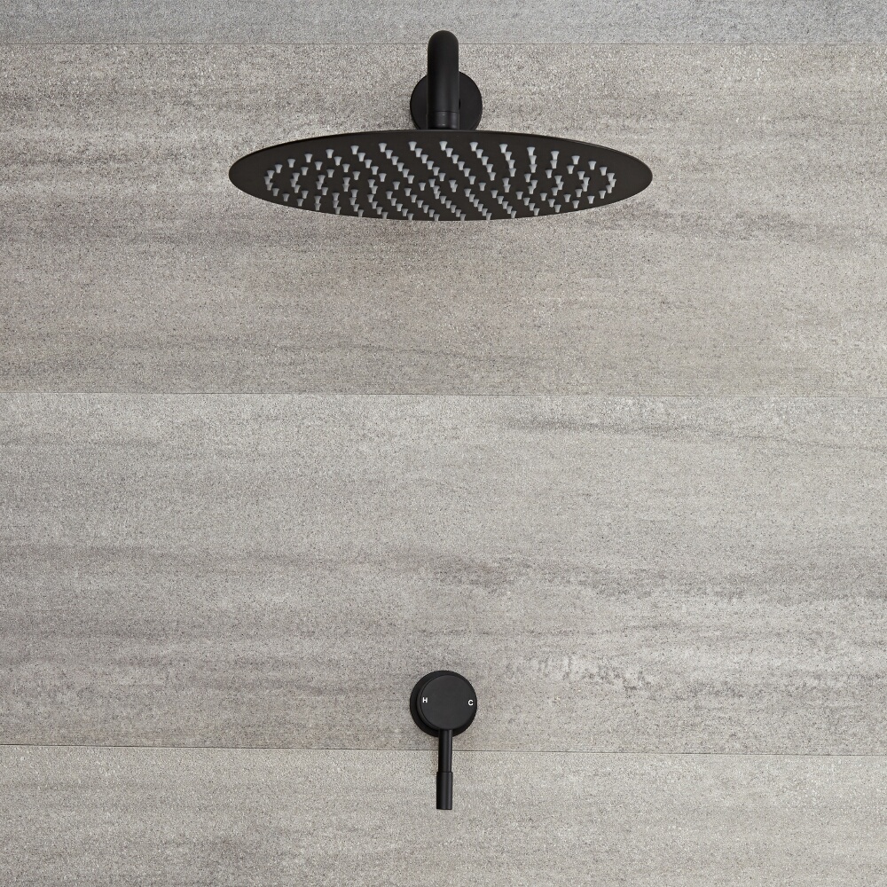 Miscelatore Doccia Manuale ad Incasso Nero ad 1 Via Completo di Soffione Doccia Circolare 300mm e Braccio Doccia - Nox