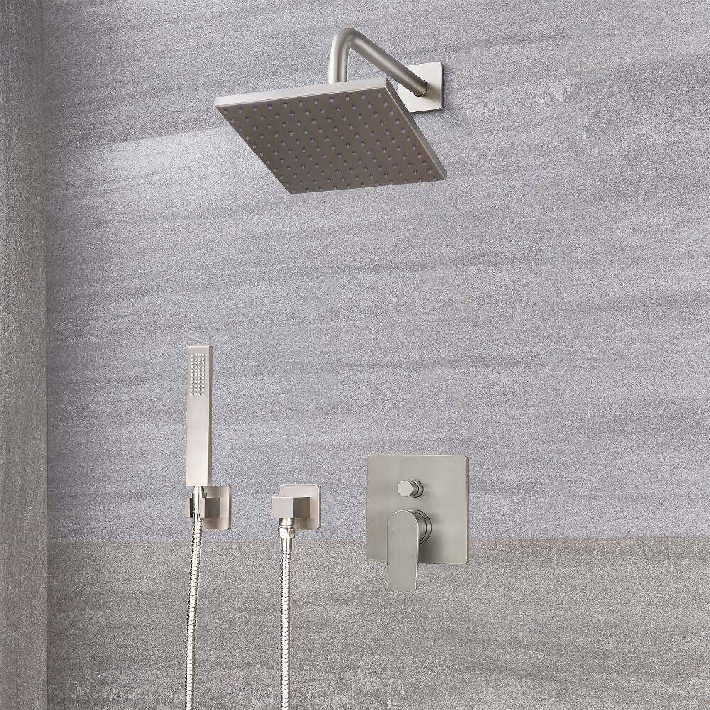 Kit Doccia Completo di Miscelatore Doccia Manuale a 2 Vie con Finitura in Nichel Spazzolato, Deviatore, Soffione Doccia Quadrato 200x200mm e Doccetta Quadrata - Harting