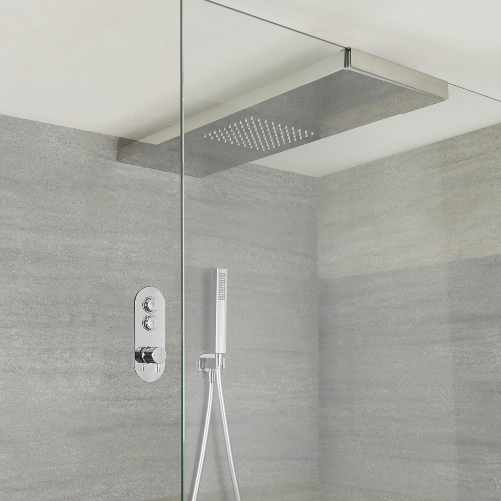 Sistema Doccia a 2 Vie Completo di Miscelatore Termostatico con Pulsanti a Pressione, Soffione Doccia con Braccio per Box Doccia 250x800mm con Doccetta – Idro