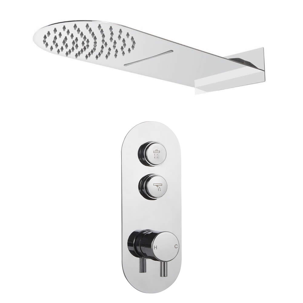 Sistema Doccia a 2 Vie Completo di Miscelatore Termostatico con Pulsanti a Pressione, Soffione Doccia Ultrapiatto Effetto Pioggia e Cascata – Idro