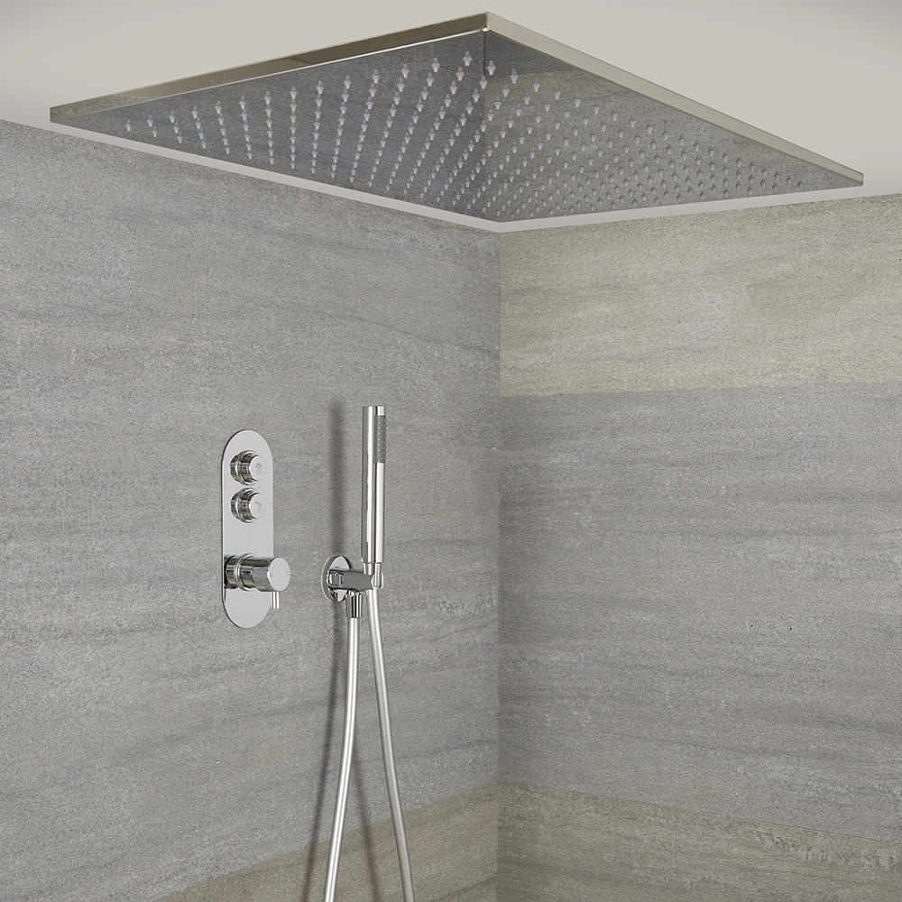 Sistema Doccia a 2 Vie Completo di Miscelatore Termostatico con Pulsanti a Pressione, Soffione Doccia a Soffitto 800x500mm e Doccetta – Idro