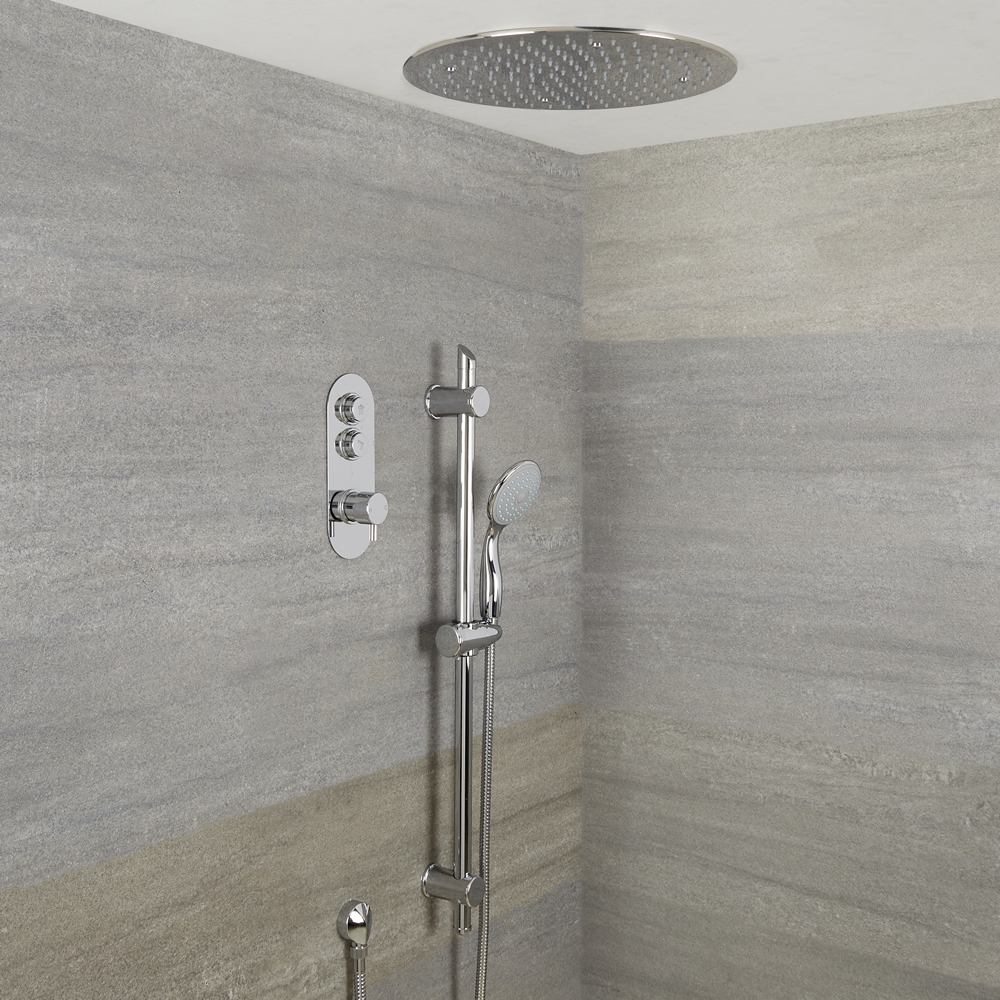 Sistema Doccia a 2 Vie Completo di Miscelatore Termostatico con Pulsanti a Pressione, Soffione Doccia a Soffitto 400mm e Asta Saliscendi con Doccetta – Idro