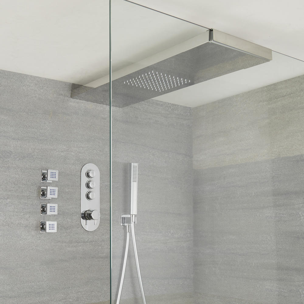 Sistema Doccia a 3 Vie Completo di Miscelatore Termostatico con Pulsanti a Pressione, Soffione Doccia con Braccio per Box Doccia 250x800mm, 4 Idrogetti e Doccetta – Idro
