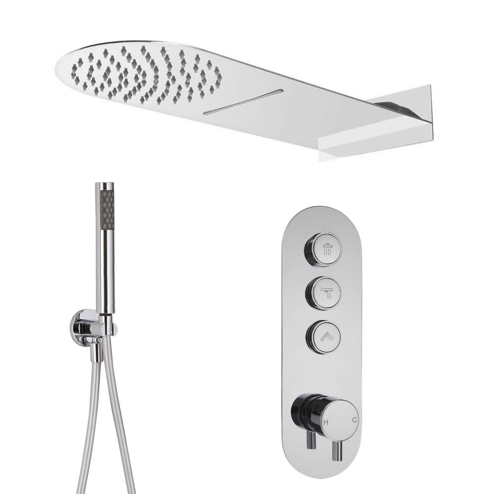 Sistema Doccia a 3 Vie Completo di Miscelatore Termostatico con Pulsanti a Pressione, Soffione Doccia Ultrapiatto Effetto Pioggia e Cascata con Doccetta – Idro