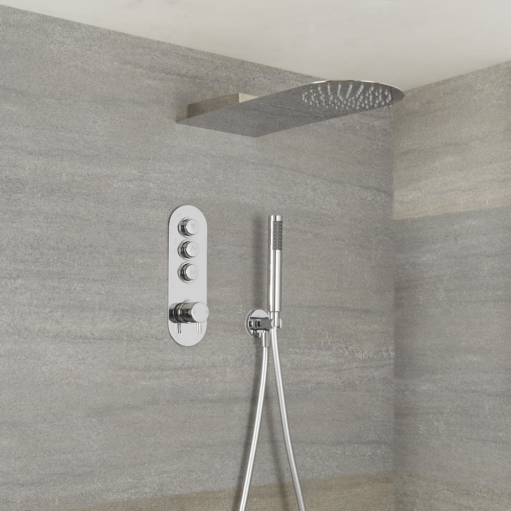 Sistema Doccia a 3 Vie Completo di Miscelatore Termostatico con Pulsanti a Pressione, Soffione Doccia Ultrapiatto Effetto Pioggia e Cascata con Doccetta – Idro