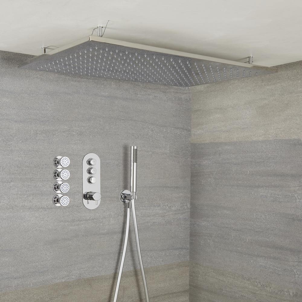 Sistema Doccia a 3 Vie Completo di Miscelatore Termostatico con Pulsanti a Pressione, Soffione Doccia a Controsoffitto 800x500mm e Doccetta – Idro