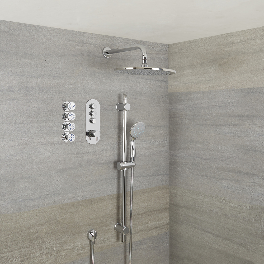 Sistema Doccia a 3 Vie Completo di Miscelatore Termostatico con Pulsanti a Pressione, Soffione Doccia Circolare 300mm e Asta Saliscendi con Doccetta – Idro