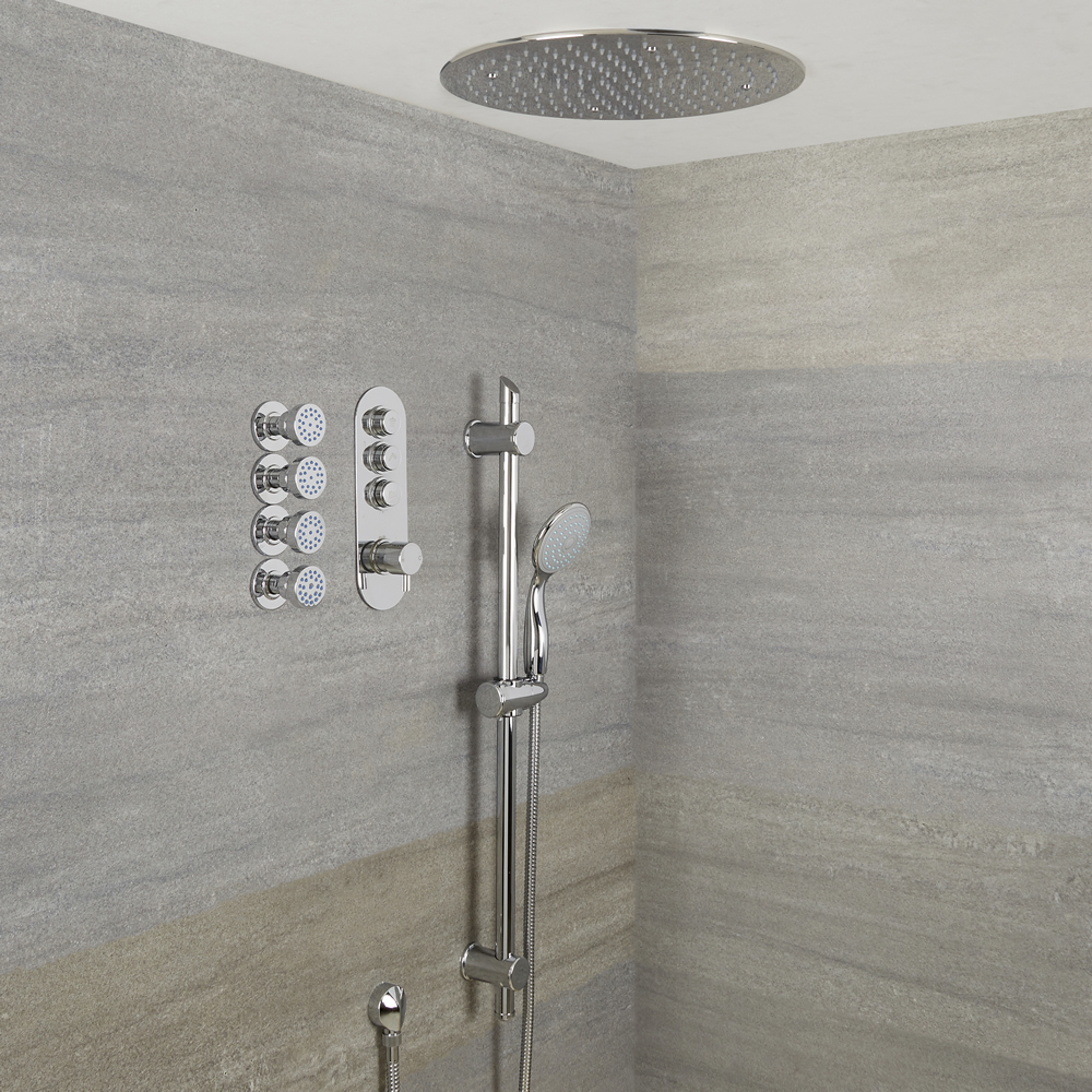 Sistema Doccia a 3 Vie Completo di Miscelatore Termostatico con Pulsanti a Pressione, Soffione Doccia a Soffitto 400mm, 4 Idrogetti e Asta Saliscendi con Doccetta – Idro
