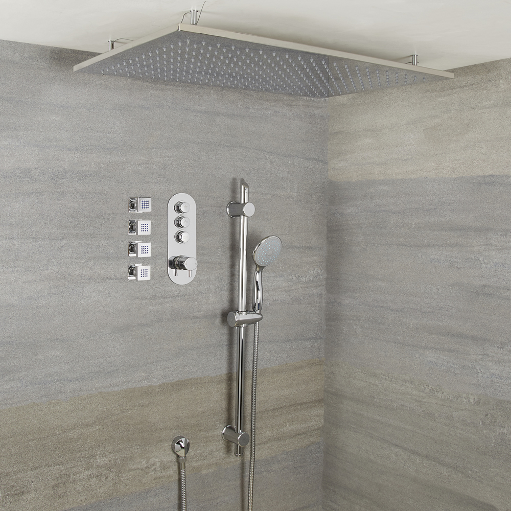 Sistema Doccia a 3 Vie Completo di Miscelatore Termostatico con Pulsanti a Pressione, Soffione Doccia a Controsoffitto 800x500mm, 4 Idrogetti, Kit Doccia con Asta Saliscendi e Doccetta – Idro
