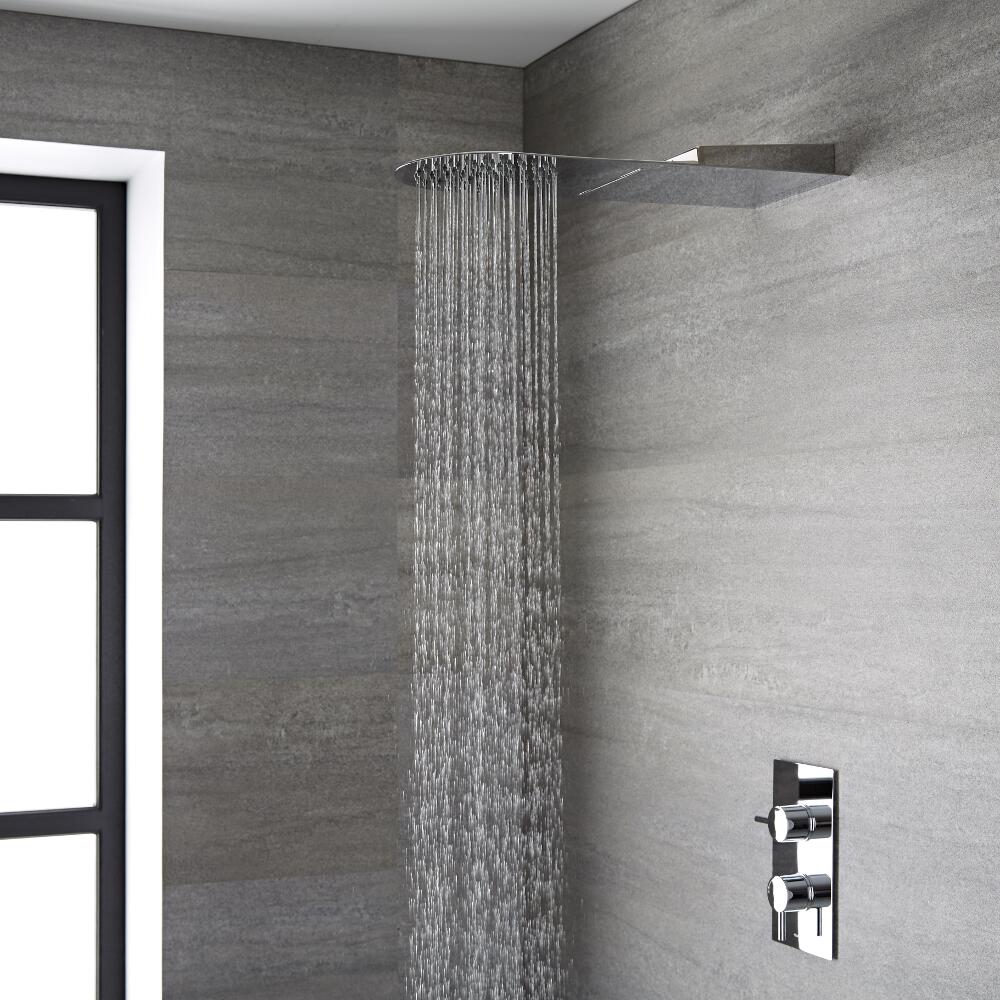 Soffione Doccia Ultrapiatto 280mm a 2 Vie con Effetto Pioggia e Cascata- Acciaio Inox - Trenton