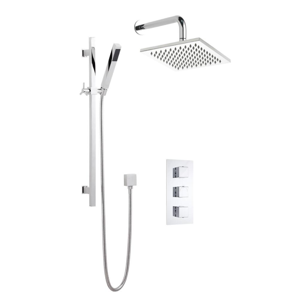 Kit Doccia Completo di Miscelatore Termostatico Incasso Triplo a Due Vie con Soffione Doccia ad Incasso 200x200mm e Doccetta