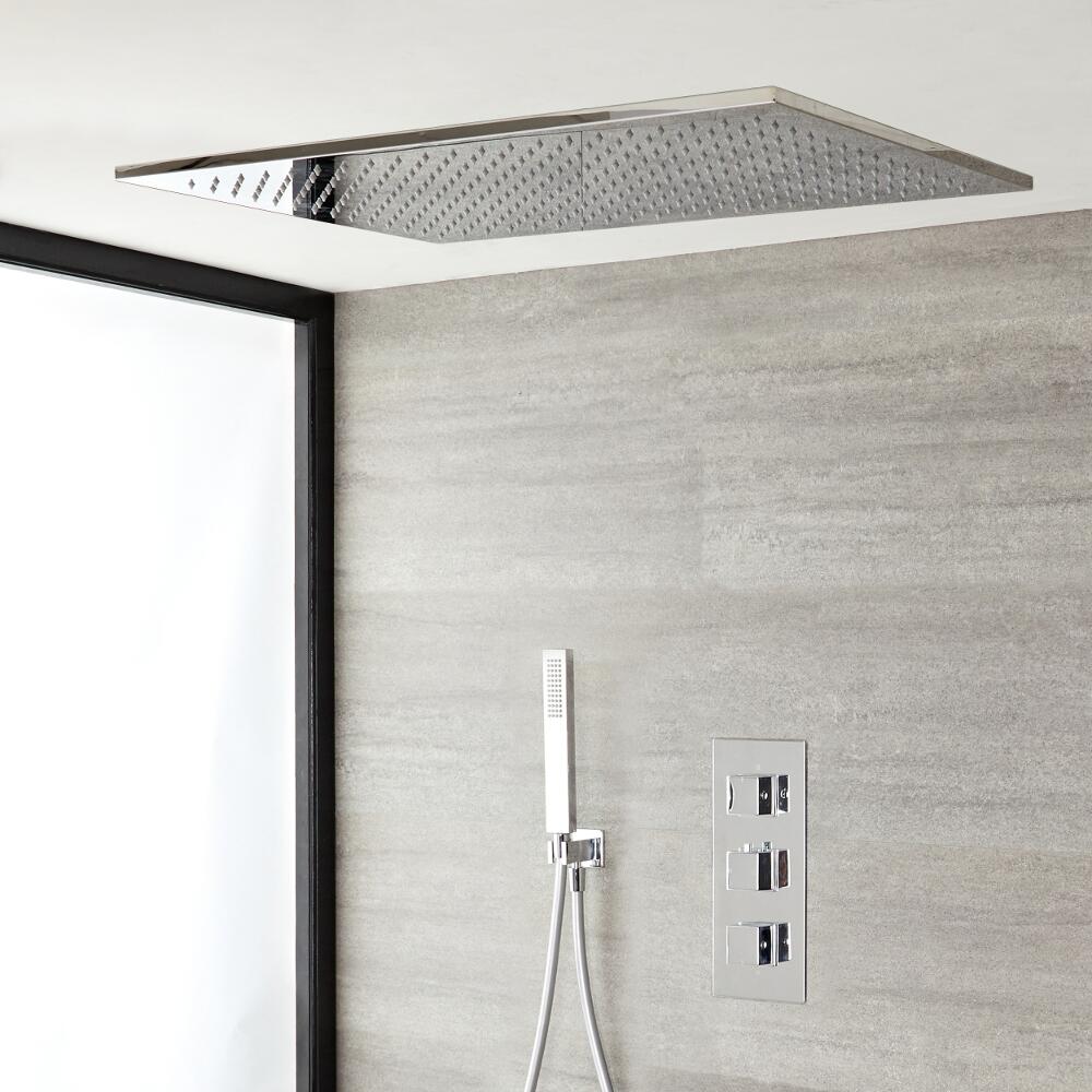 Kit Doccia Completo di Miscelatore Termostatico Incasso Triplo a Due Vie con Soffione Doccia ad Incasso 800x500mm e Doccetta