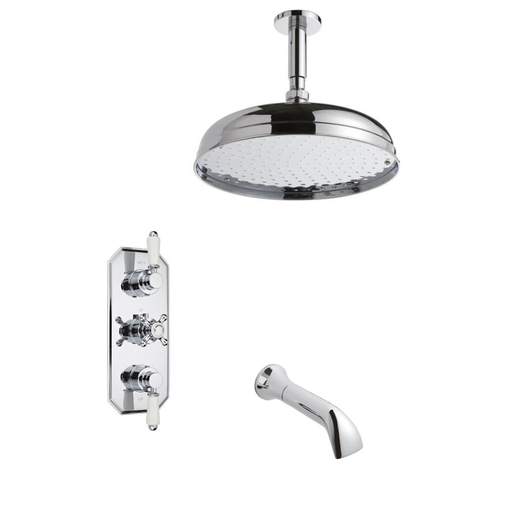 Kit Doccia Tradizionale Completo con Miscelatore Termostatico Incasso Triplo a Due Vie con Soffione Doccia 300mm, Braccio Doccia a Soffitto ed Erogatore per Vasca
