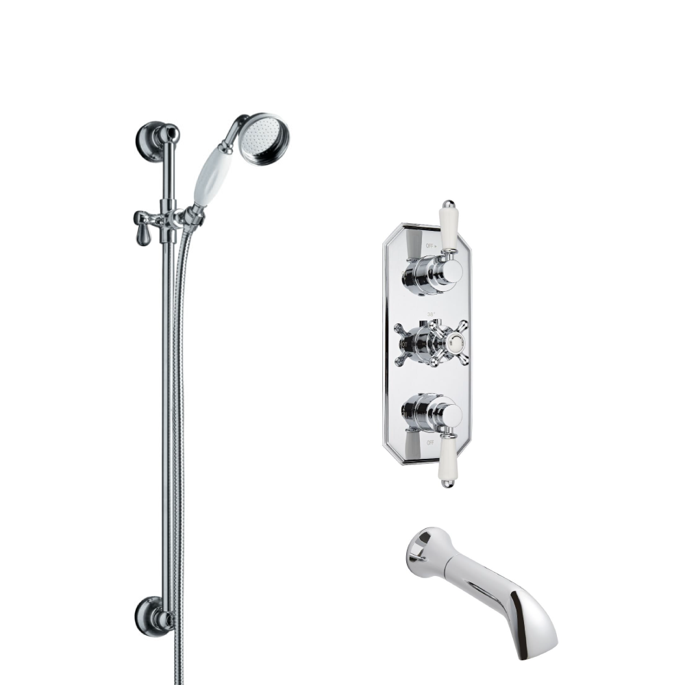 Kit Doccia Tradizionale Completo con Miscelatore Termostatico Incasso Triplo a Due Vie con Asta Saliscendi, Doccetta, Flessibile Doccia, Gomito ed Erogatore per Vasca
