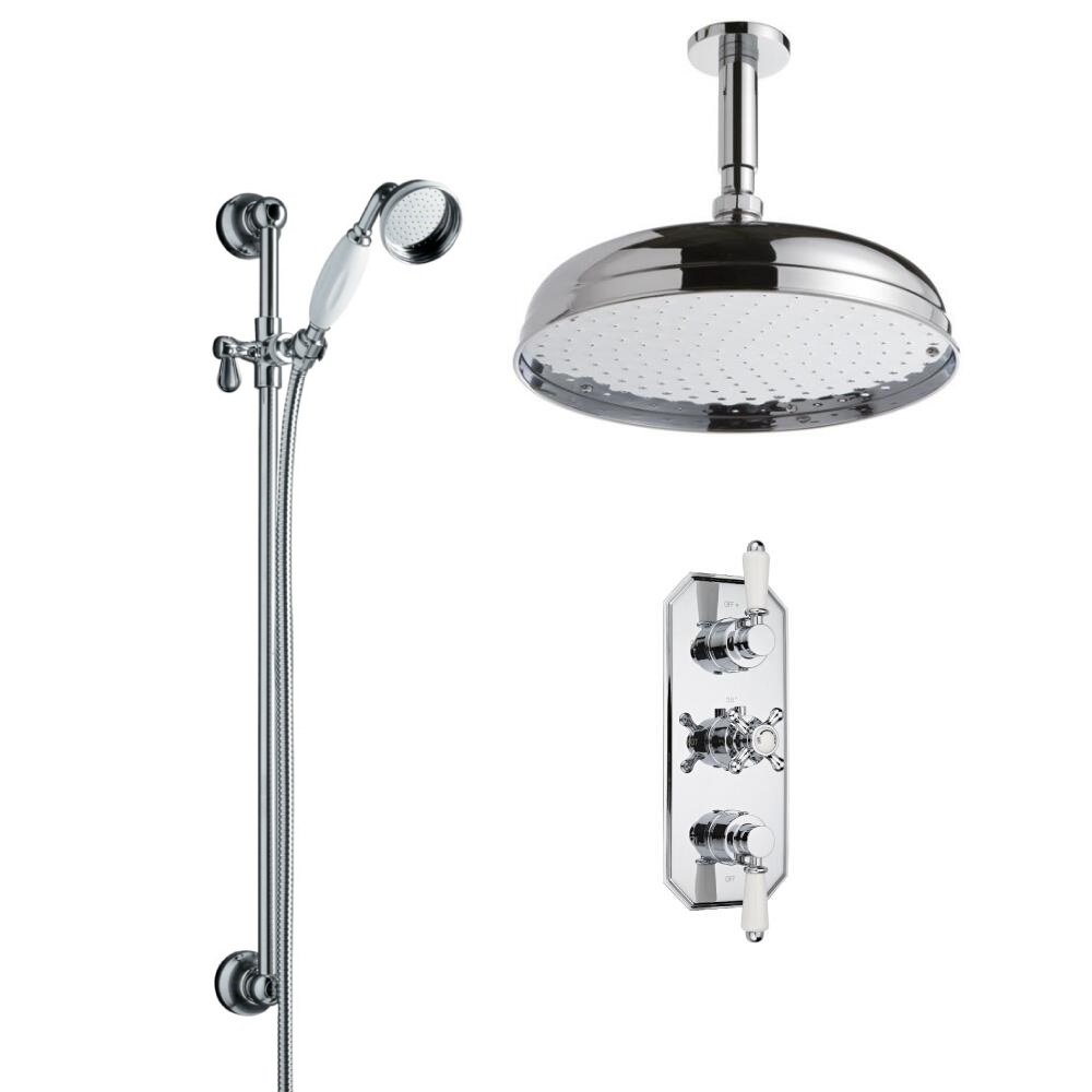 Kit Doccia Tradizionale Completo di Miscelatore Termostatico Incasso Triplo a Due Vie con Soffione Doccia 300mm, Braccio Doccia Murale, Asta Saliscendi, Doccetta, Flessibile Doccia e Gomito
