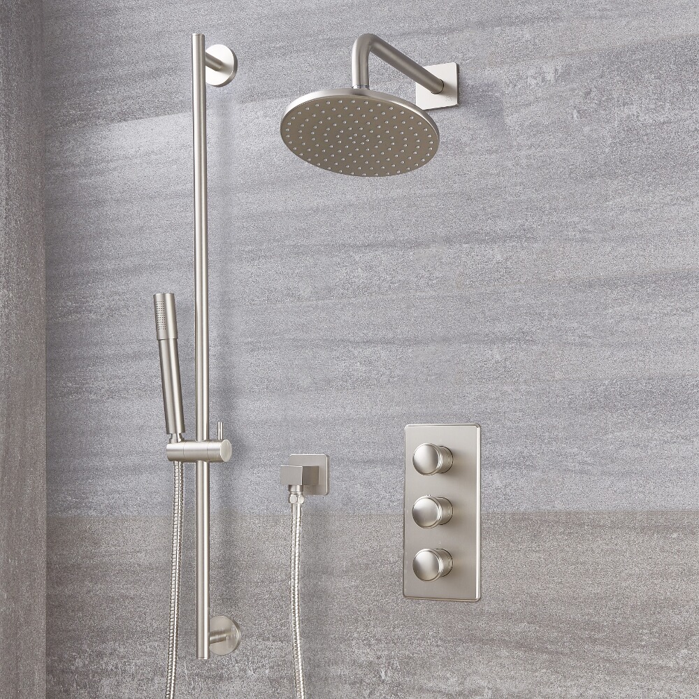 Kit Doccia in Nichel Spazzolato Completo di Miscelatore Doccia Termostatico Triplo a 2 Vie con Soffione Doccia Circolare 200mm con Asta Saliscendi e Doccetta - Aldwick