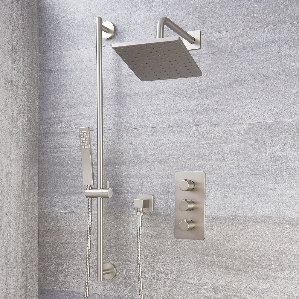 Kit Doccia in Nichel Spazzolato Completo di Miscelatore Doccia Termostatico Triplo a 2 Vie con Deviatore, Soffione Doccia Quadrato 200mm e Asta Saliscendi con Doccetta - Harting
