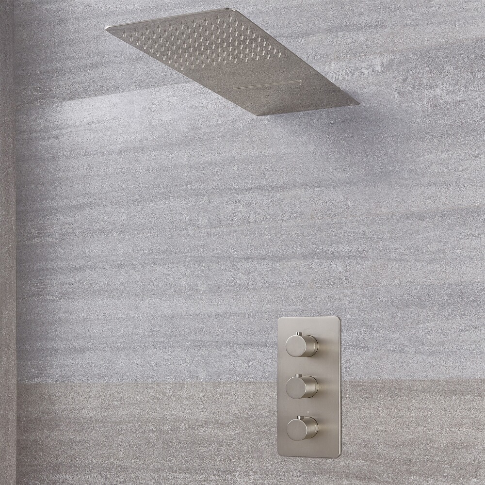 Kit Doccia in Nichel Spazzolato Completo di Miscelatore Doccia Termostatico Triplo a 2 Vie con Soffione Doccia a 2 Vie con Funzione a Pioggia e Cascata - Harting