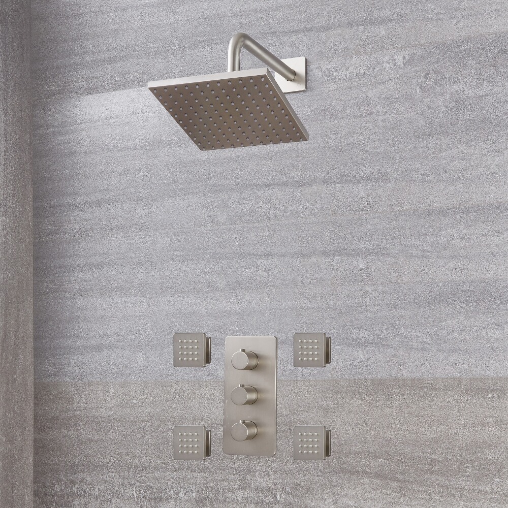 Kit Doccia in Nichel Spazzolato Completo di Miscelatore Doccia Termostatico Triplo a 2 Vie con Soffione Doccia Quadrato 200mm e Idrogetti - Harting