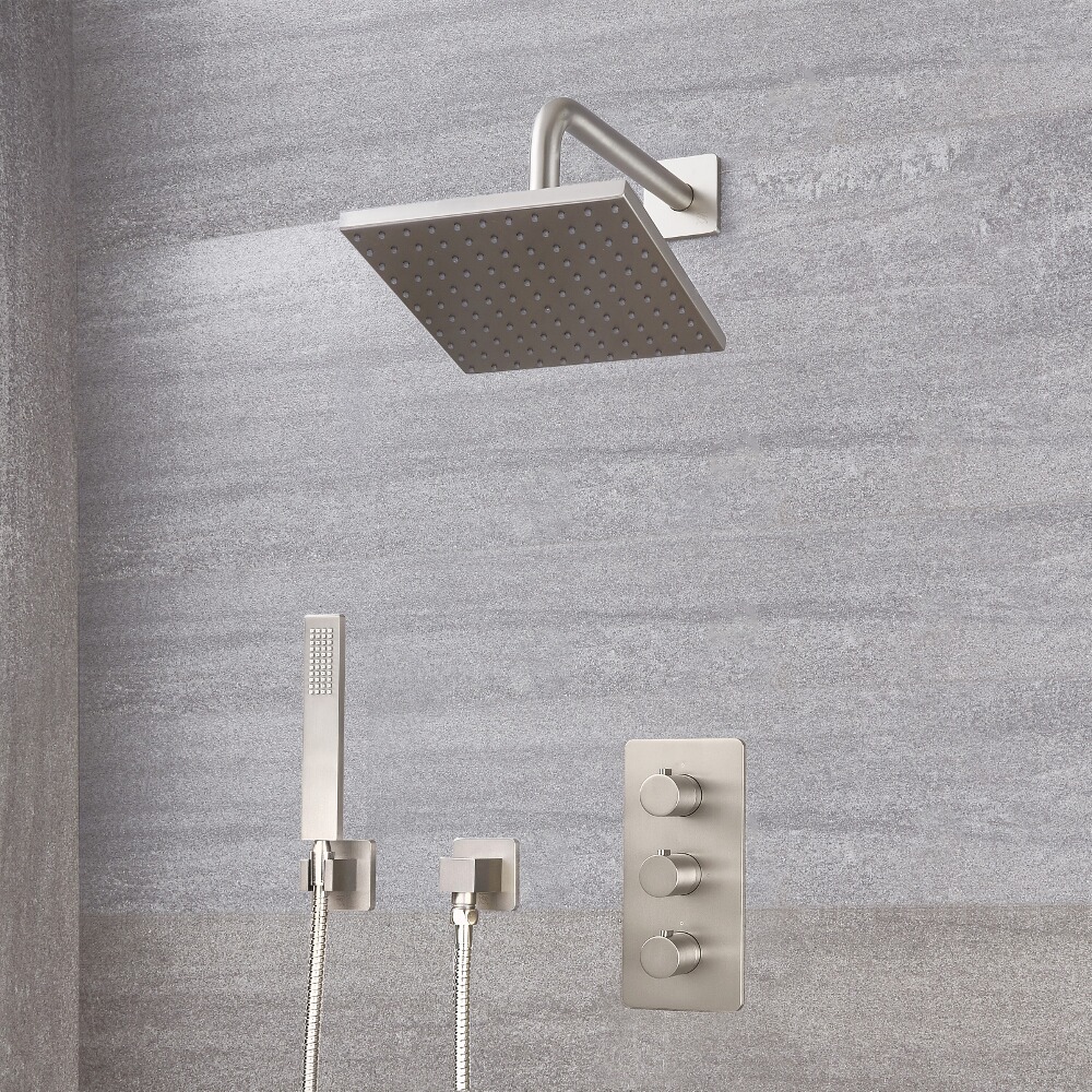 Kit Doccia Completo di Miscelatore Doccia Manuale Triplo a 2 Vie con Finitura in Nichel Spazzolato, Deviatore, 200mm x 200mm Soffione Doccia Quadrato e Doccetta - Harting