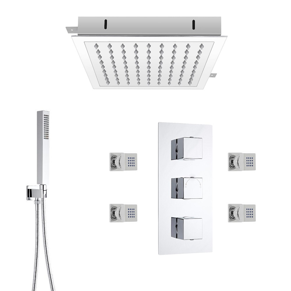 Kit Doccia Completo di Miscelatore Termostatico Incasso a 3 Vie con Soffione Doccia 280mm, Idrogetti e Doccetta