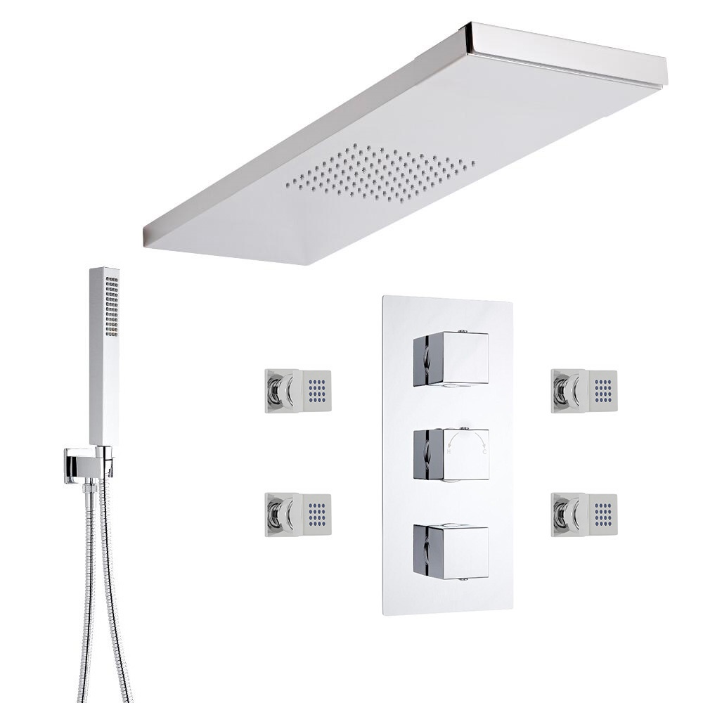 Kit Doccia Completo di Miscelatore Termostatico Incasso a 3 Vie con Idrogetti, Doccetta e Slezione fra 3 Soffioni Doccia con Supporto Integrato per Parete Doccia