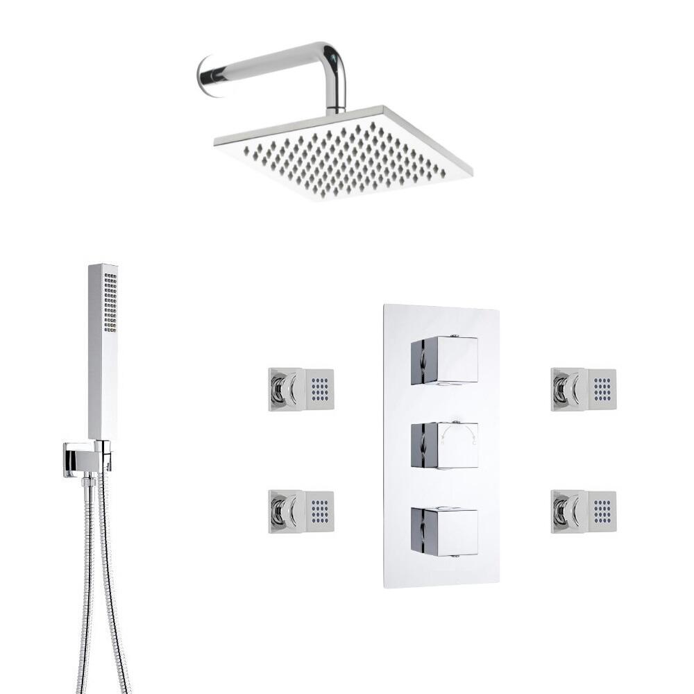 Kit Doccia Completo di Miscelatore Termostatico Incasso a Tre Vie con Soffione Doccia ad Incasso 200x200mm, Idrogetti e Doccetta