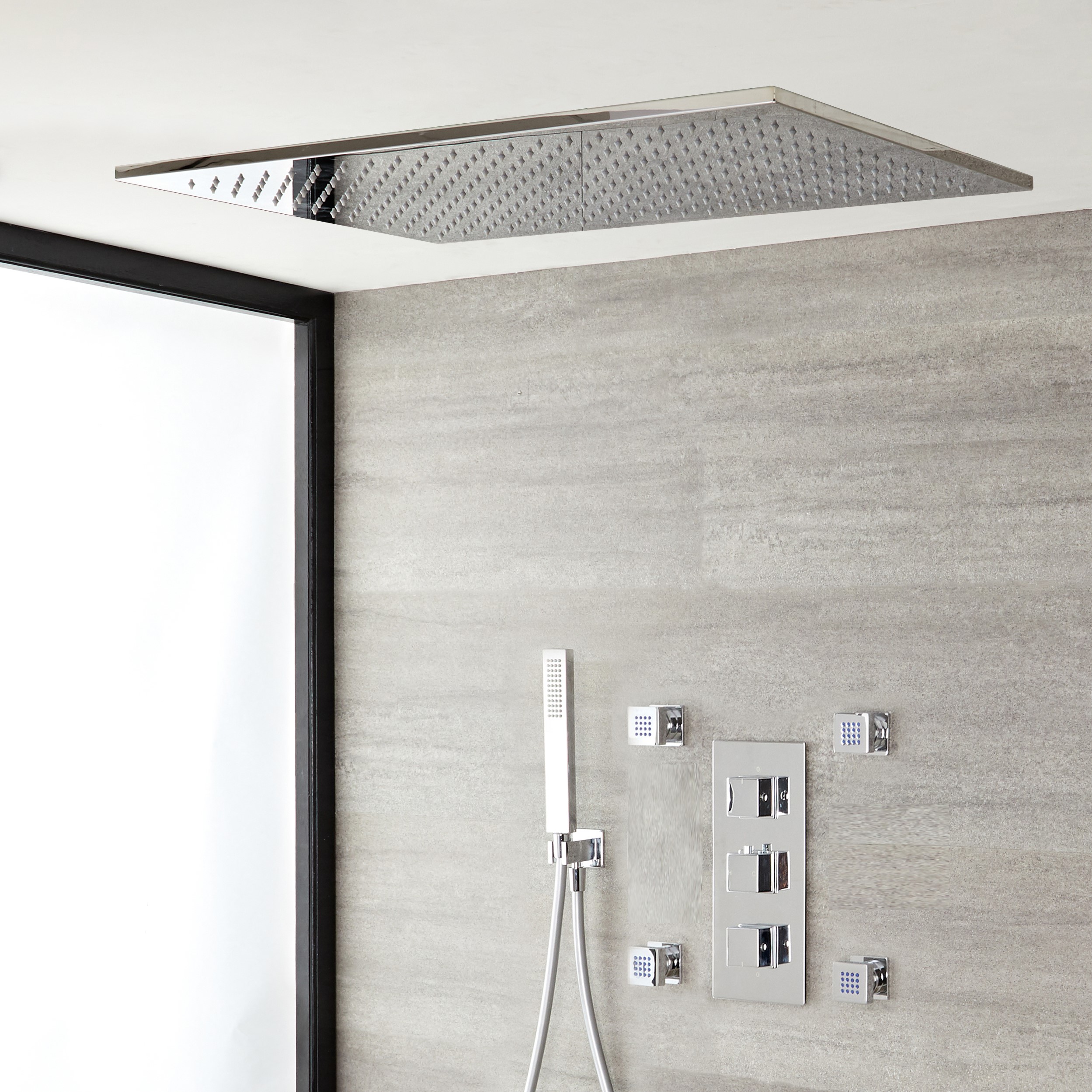 Kit Doccia Completo di Miscelatore Termostatico Incasso a Tre Vie con Soffione Doccia ad Incasso 800x500mm, 4 Idrogetti e Doccetta