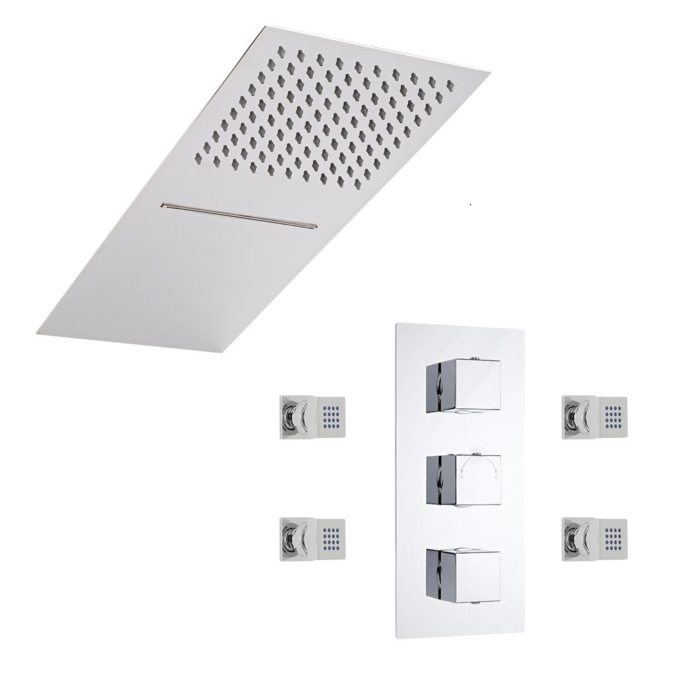 Kit Doccia Completo di Miscelatore Termostatico Incasso a Tre Vie con Soffione Doccia a Pioggia e Cascata e 4 Idrogetti