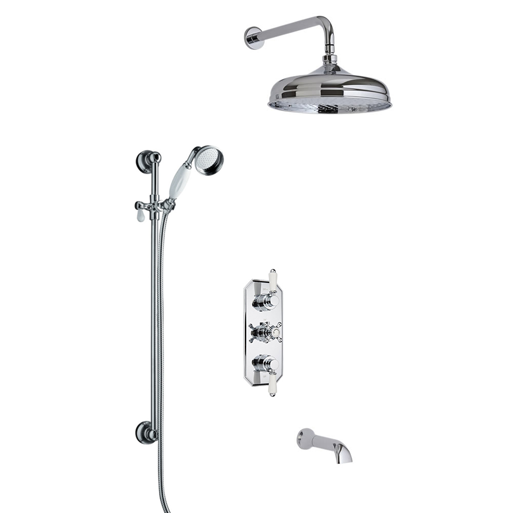 Kit Doccia Tradizionale Completo con Miscelatore Termostatico Incasso Triplo a Tre Vie con Soffione Circolare, Braccio Doccia, Asta Saliscendi ed Erogatore per Vasca