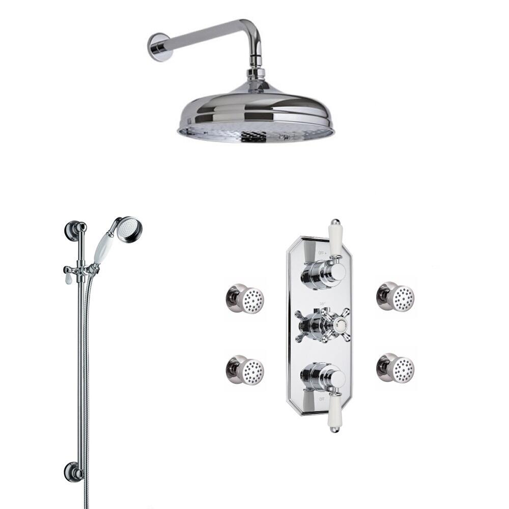 Kit Doccia Tradizionale Completo di Miscelatore Termostatico Incasso Triplo a Tre Vie con Soffione Doccia 150mm, Braccio Doccia, Asta Saliscendi e 4 Idrogetti