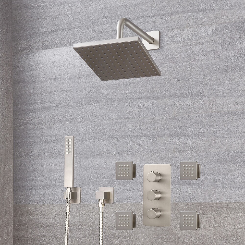 Kit Doccia in Nichel Spazzolato Completo di Miscelatore Doccia Termostatico Triplo a 3 Vie con Soffione Doccia Quadrato 200mm, Doccetta e Idrogetti - Harting