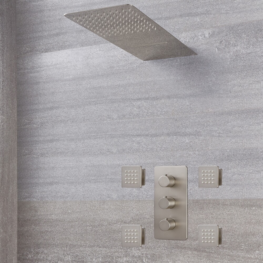 Kit Doccia in Nichel Spazzolato Completo di Miscelatore Doccia Termostatico Triplo a 3 Vie con Soffione Doccia a 2 Vie con Funzione a Pioggia e Cascata e Idrogetti - Harting