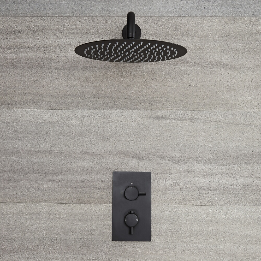Miscelatore Doccia Termostatico ad Incasso Nero ad 1 Via Completo di Soffione Doccia Circolare 300mm e Braccio Doccia - Nox