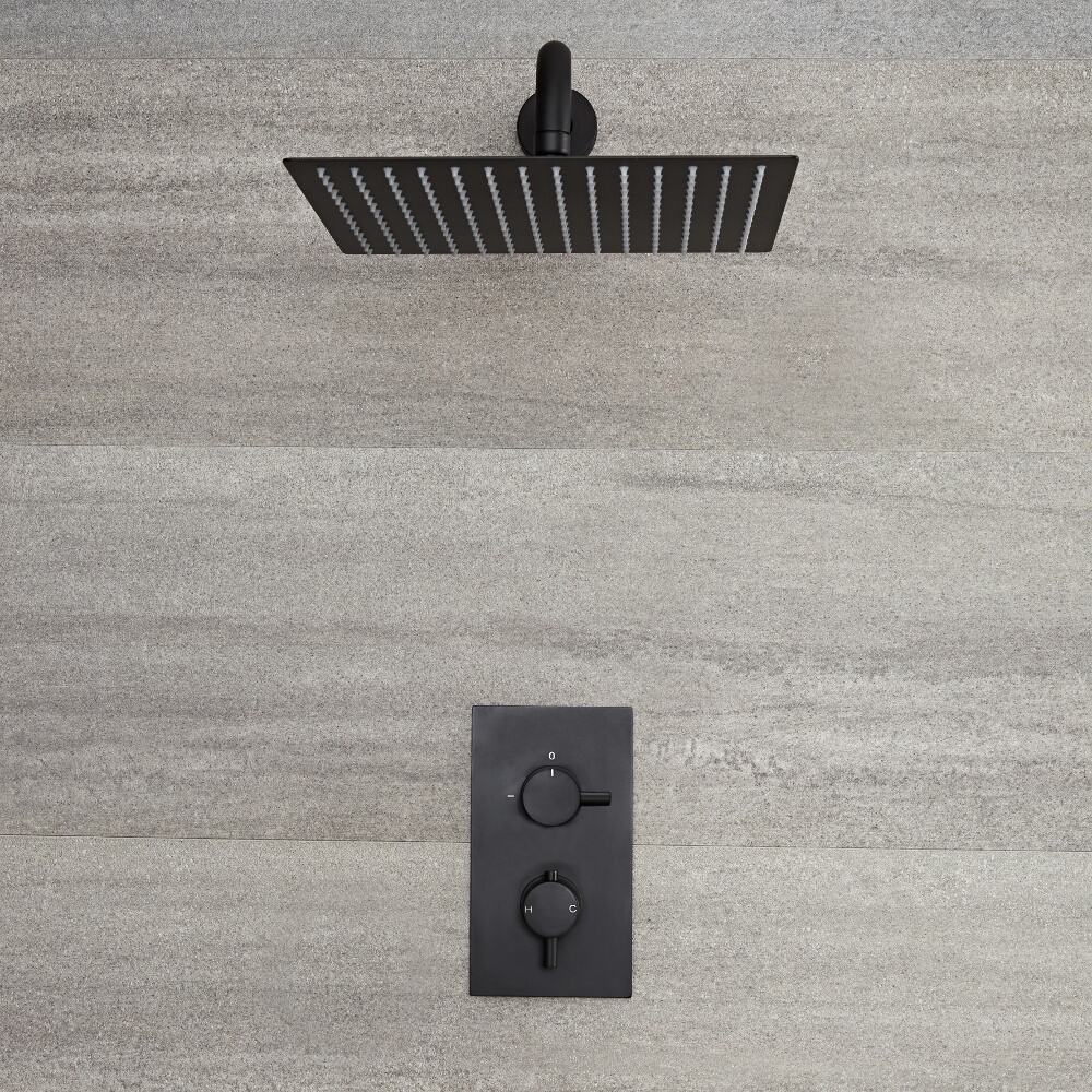 Miscelatore Doccia ad Incasso Nero ad 1 Via Completo di Soffione Doccia Quadrato 300x300mm e Braccio Doccia - Nox
