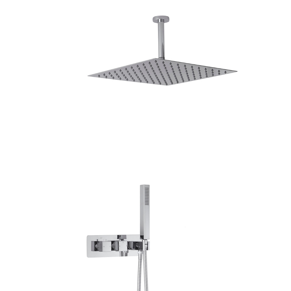 Miscelatore Doccia Incasso Quadrato a 2 Vie con Deviatore Integrato con Soffione Doccia 400mm, Braccio a Soffitto e Doccetta - Arvo