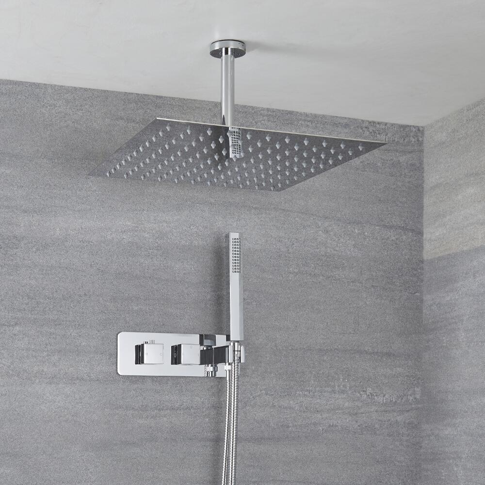Miscelatore Doccia Incasso Quadrato a 2 Vie con Deviatore Integrato con Soffione Doccia 400mm, Braccio a Soffitto e Doccetta - Arvo