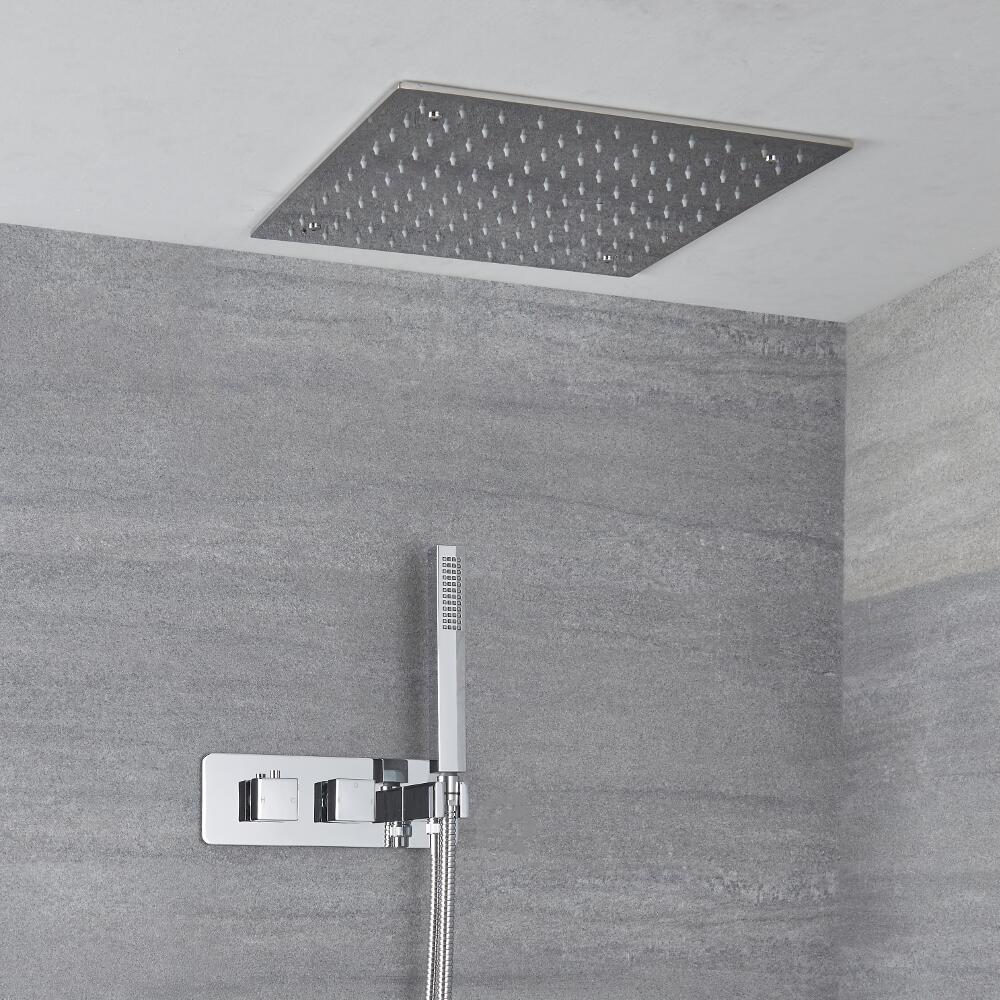 Miscelatore Doccia Incasso Quadrato a 2 Vie con Deviatore Integrato con Soffione Doccia da Incasso 400mm e Doccetta - Arvo