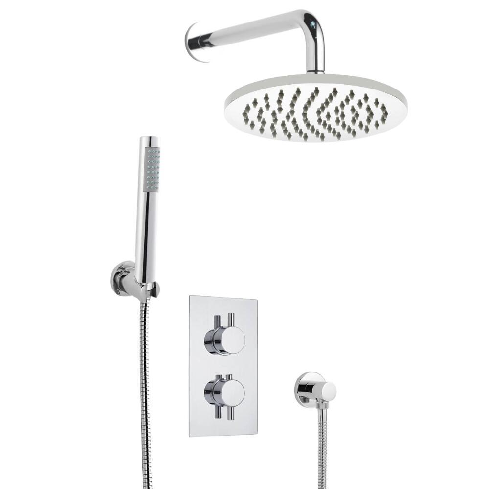Kit Doccia Completo di Miscelatore Termostatico Tondo a Due Vie con Soffione Doccia Circolare, Braccio Doccia e Doccetta