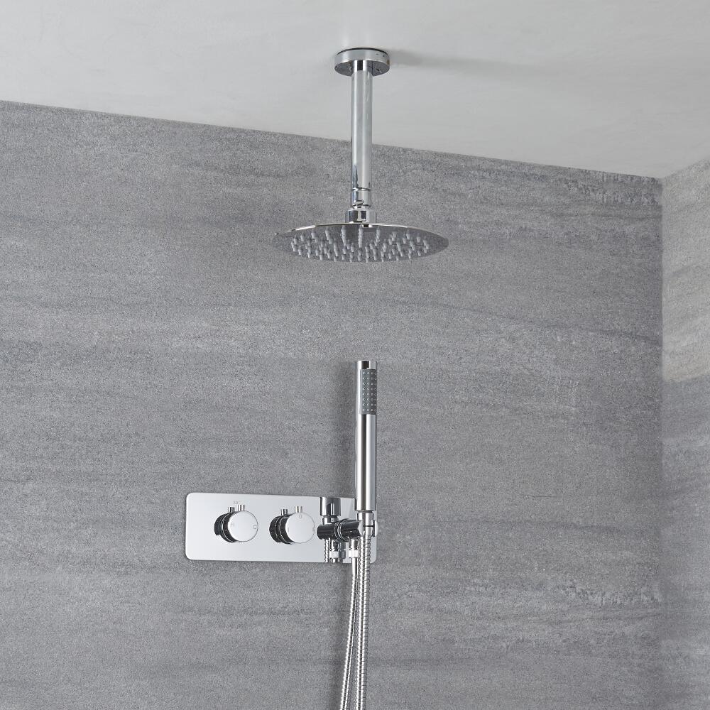 Miscelatore Doccia Incasso Quadrato a 2 Vie con Deviatore Integrato con Soffione 300mm, Braccio a Soffitto e Doccetta Design Circolare - Mirage
