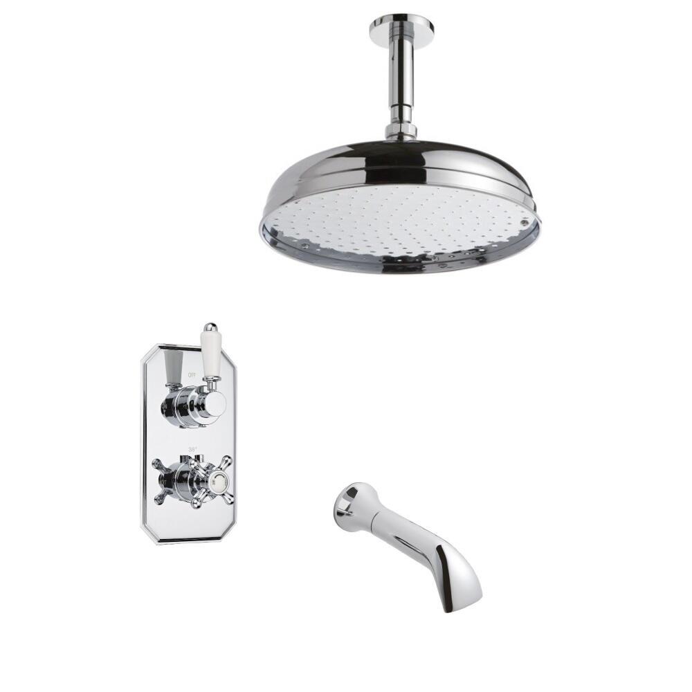 Kit Doccia Tradizionale Completo di Miscelatore Termostatico Incasso a Due Vie con Soffione Doccia 300mm con Braccio Doccia a Soffitto ed Erogatore per Vasca