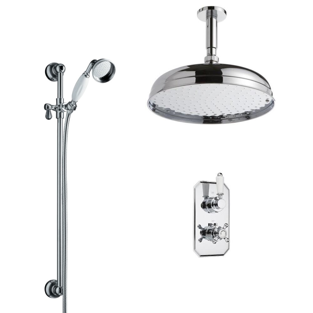 Kit Doccia Tradizionale Completo di Miscelatore Termostatico Incasso a Due Vie con Asta Saliscendi, Doccetta, Flessibile Doccia, Gomito e Soffione Doccia 300mm e Braccio Doccia