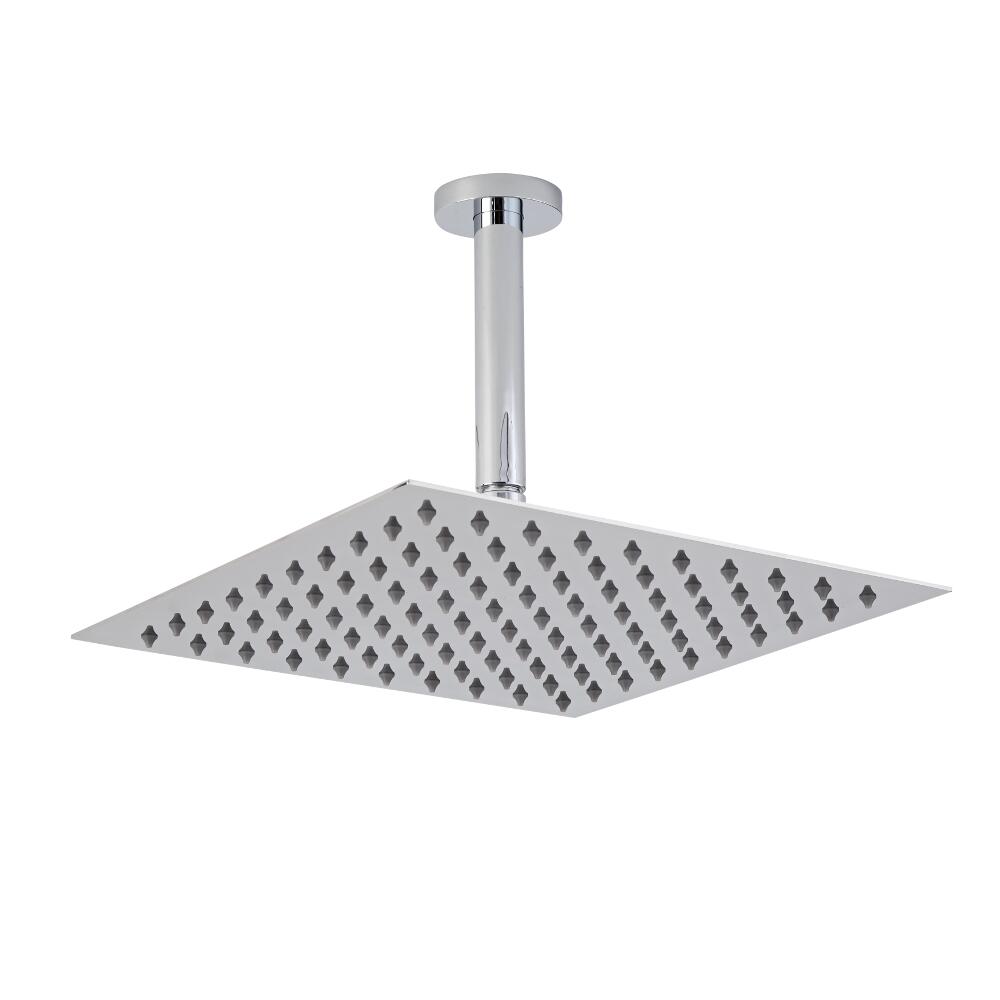 Soffione Doccia Fisso Quadrato in Acciaio Inox 300x300mm con Braccio Doccia in Ottone Cromato