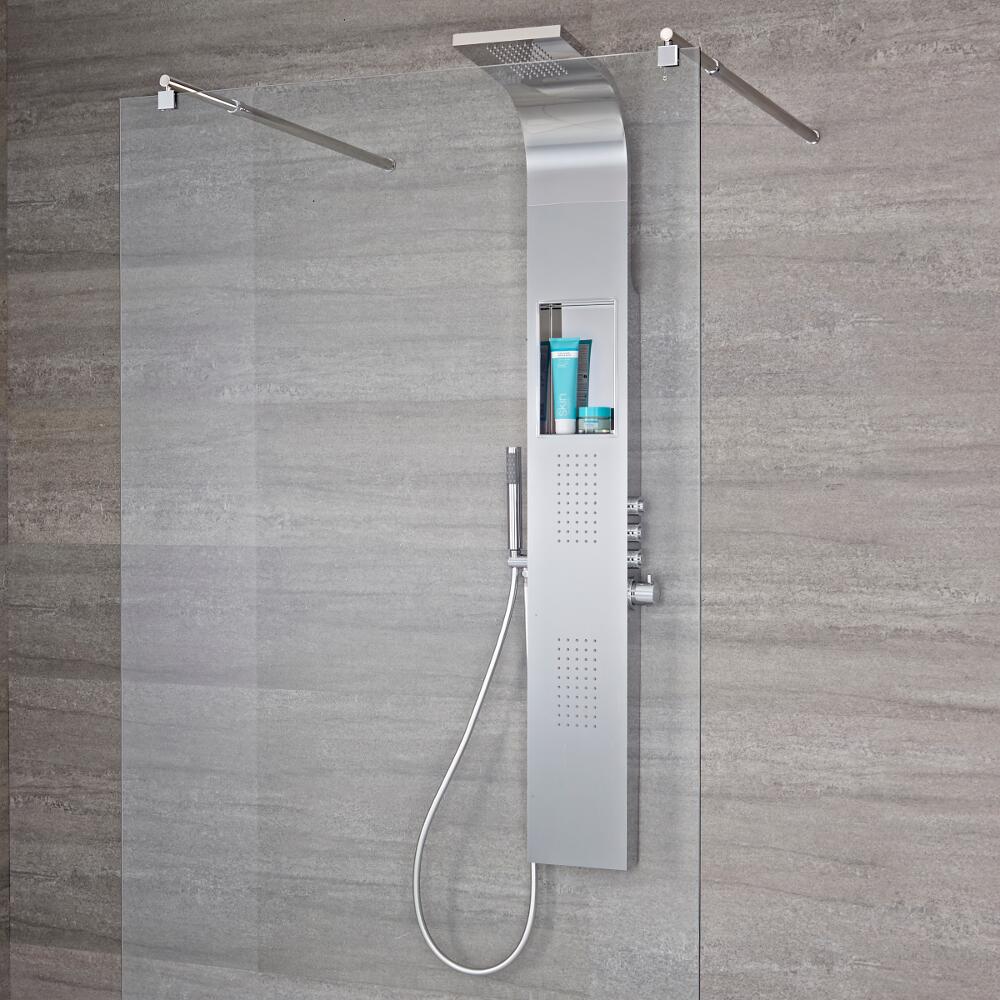 Pannello Doccia Termostatico a 3 Vie con Soffione a Pioggia, Idrogetti, Doccetta e Mensola Integrata - Vista