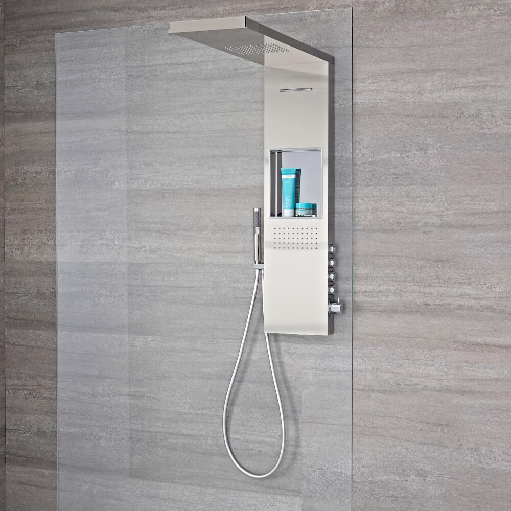 Pannello Doccia Termostatico a 4 Vie con Soffione con Supporto per Box Doccia, Idrogetti, Doccetta e Mensola Integrata 1030x800x250mm