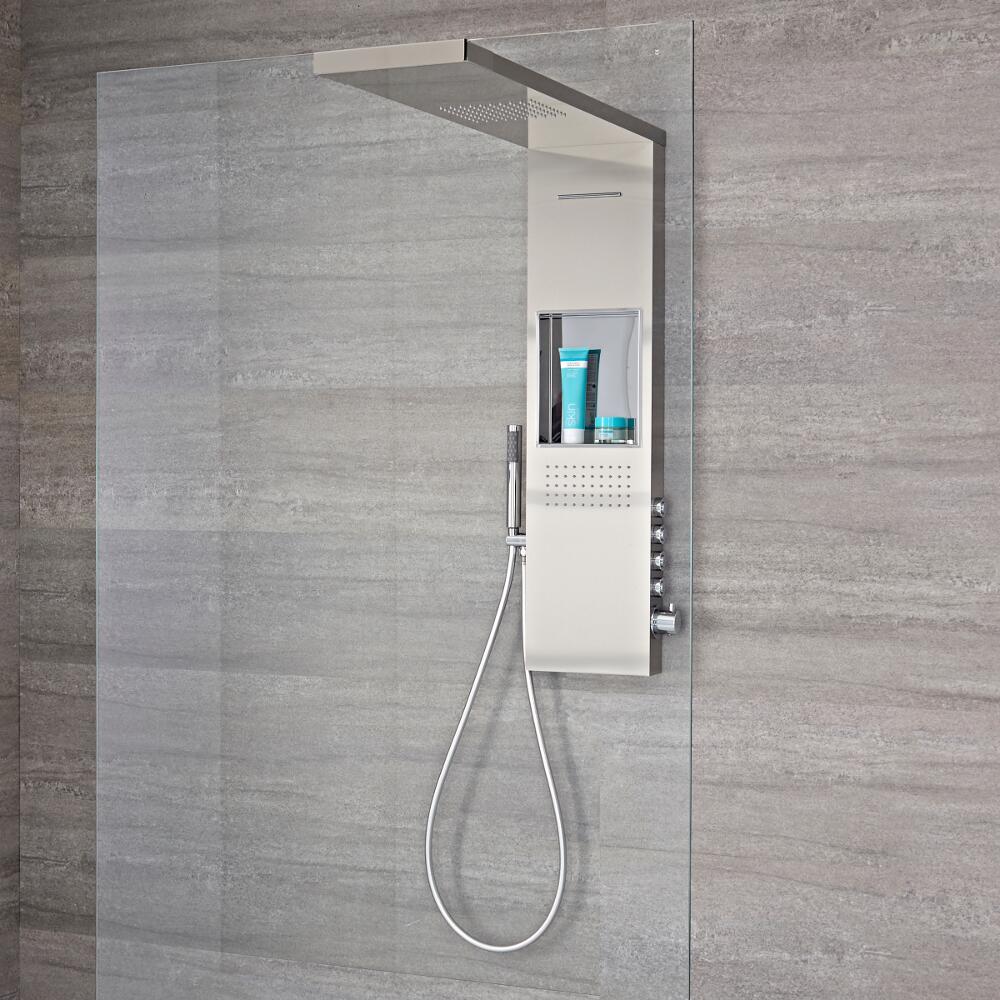 Pannello Doccia Termostatico a 4 Vie con Soffione con Supporto per Box Doccia, Idrogetti, Doccetta e Mensola Integrata 1030x1000x250mm