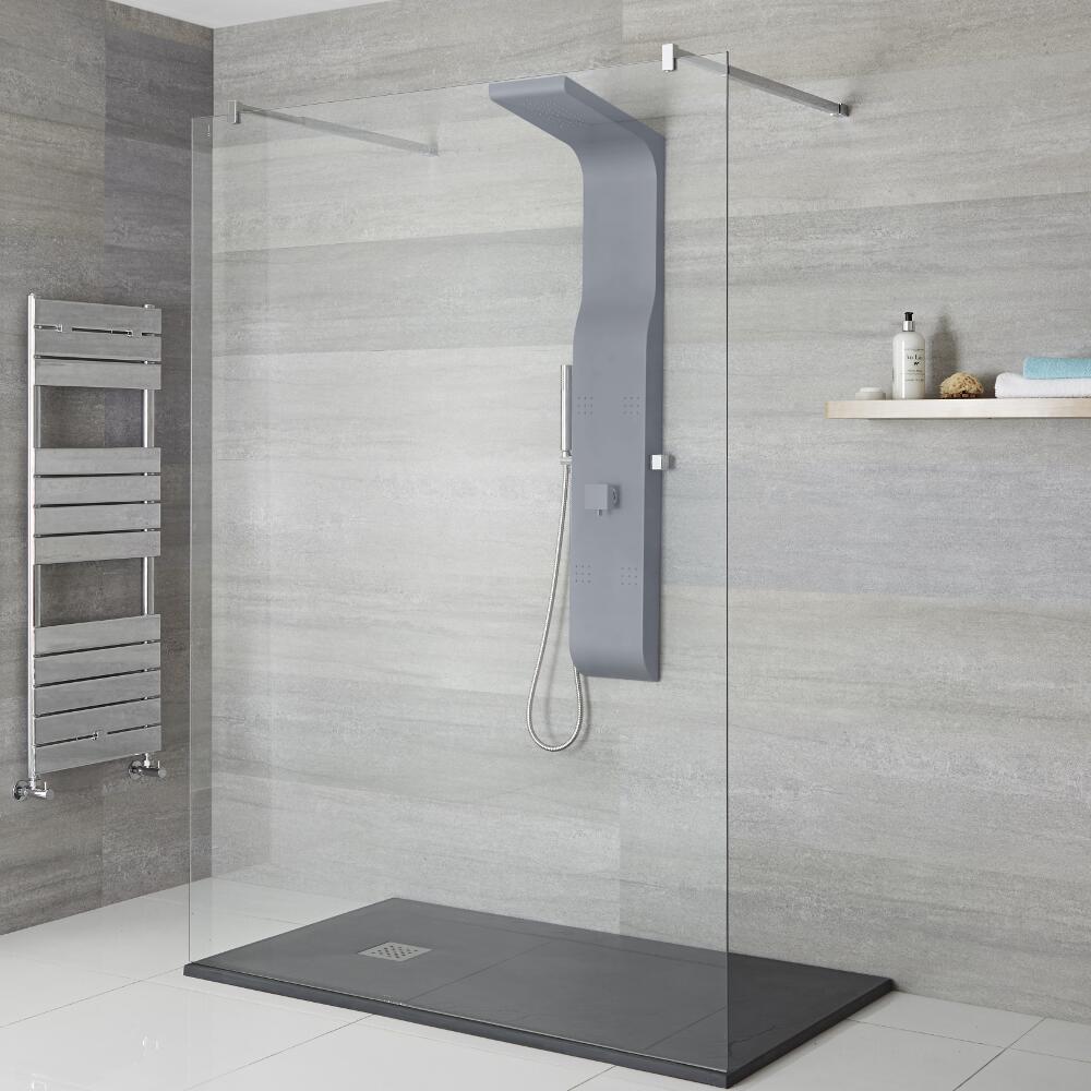 Pannello Doccia Manuale Antracite a 3 Vie in ABS con Soffione Doccia 4 Idrogetti e Doccetta con Flessibile 1400x207x450mm - Alston