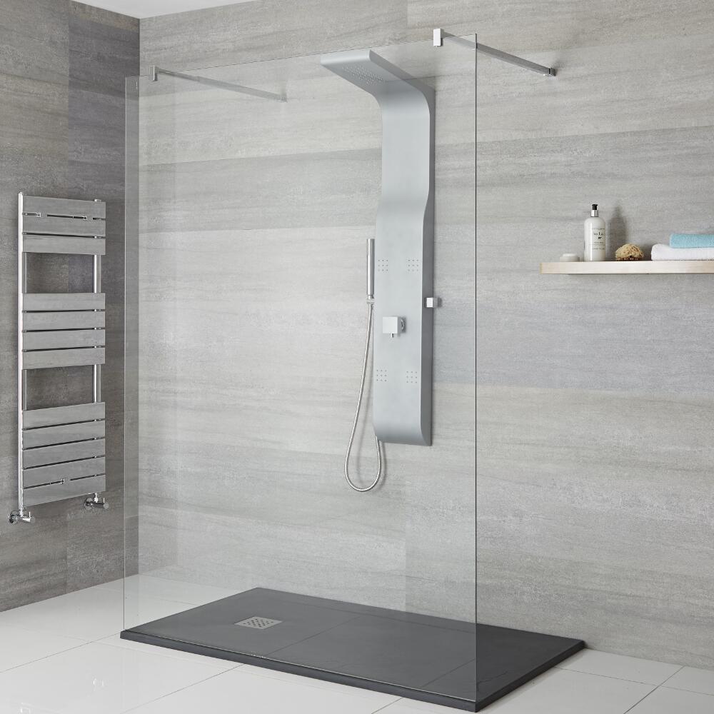 Pannello Doccia Manuale Cromato a 3 Vie in ABS Completo di Soffione Doccia 4 Idrogetti e Doccetta con Flessibile 1400x207x450mm - Alston